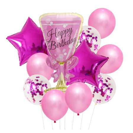 Set 11 baloane Happy Birthday, Balon Pahar 93 cm, 2 baloane stea 45 cm, 5 baloane latex 30 cm, 3 baloane cu paiete 30 cm