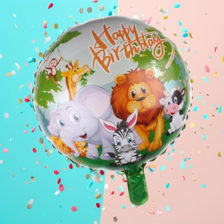 Balon din Folie Metalizata, Flippy, Mini Figurina Rotunda, Model Animalute, Happy Birthday, Tematica Aniversare, 45 cm, Ambalaj Individual, Pai Inclus, Umflare cu Aer sau Heliu, Multicolor