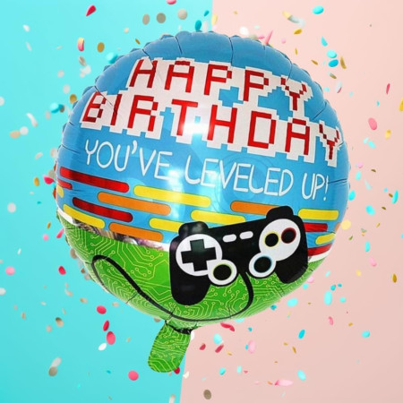 Balon din Folie Metalizata, Flippy, Mini Figurina Rotunda, Model Happy Birthday Gamer, Tema Aniversare, 45 cm, Ambalaj Individual, Pai inclus, Umflare cu Aer sau Heliu, Albastru