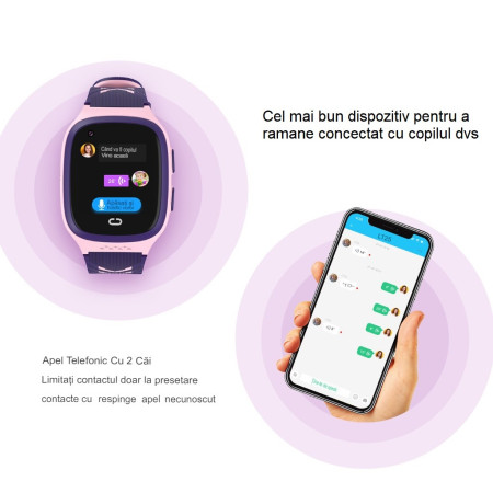 Ceas Smartwatch Flippy, Pentru Copii, LT31E-4G cu Functie Telefon, Localizare GPS, Istoric Traseu, Apel de Monitorizare, Camera, Mov/Roz