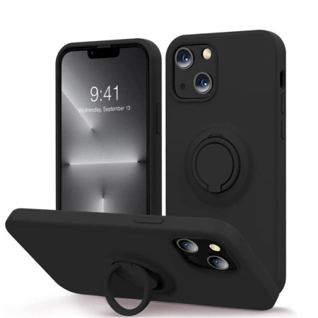 Husa Soft Liquid compatibila cu Apple iPhone 14 Plus, interior cu piele Alcantara, 360° Inel Rotativ cu Magnet Auto, Negru