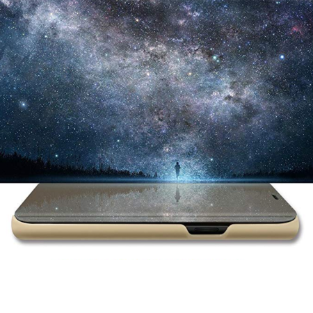 Husa Book Flip Stand Mirror, Clear View, Huawei Mate 20 Pro , Gold. Design elegant, Functie de stand, Smart case