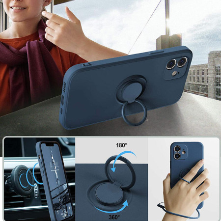 Husa compatibila cu Apple iPhone 12, interior Microfibra, 360° Inel Rotativ cu Magnet Auto, Snur inclus, Blue