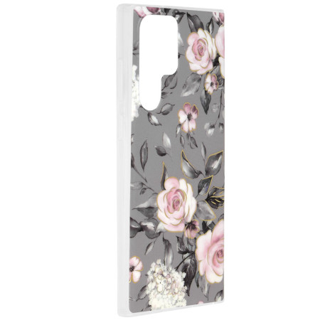 Husa Marble Flower pentru Samsung Galaxy S22 Ultra, Slim IOA, Grey