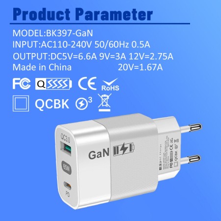 Incarcator Priza GaN, USB, Type-C, 65W - Techsuit (CHPD131) - White