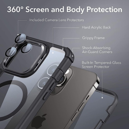 Husa telefon iPhone 14 Pro Max si Folie ESR Shock Armor Kickstand HaloLock, Clear Black