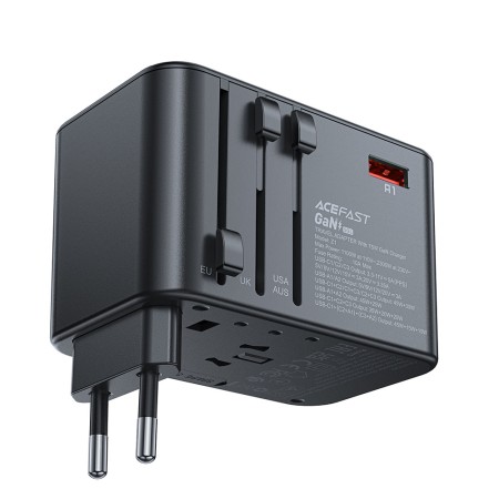 Adaptor pentru Priza 3x Type-C, EU, UK, AUS, US, GaN, PD75W - Acefast - Black