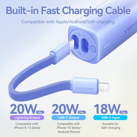 Baterie externa Fast Charging cable, Type-C, Lightning, 5000mAh - Vention (FHWY0) - Yellow