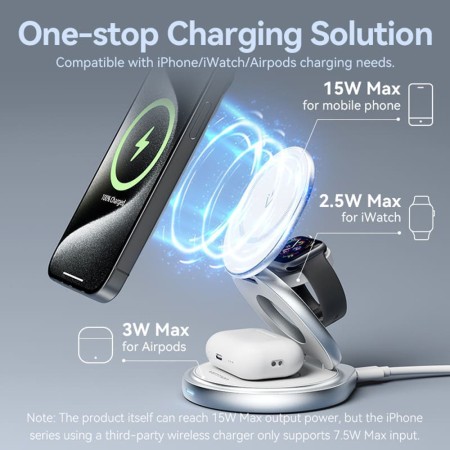 Incarcator wireless cu Fast Charging, 15W, 3in1, Magnetic Stand, MagSafe - Vention (FGEI0) - Silver