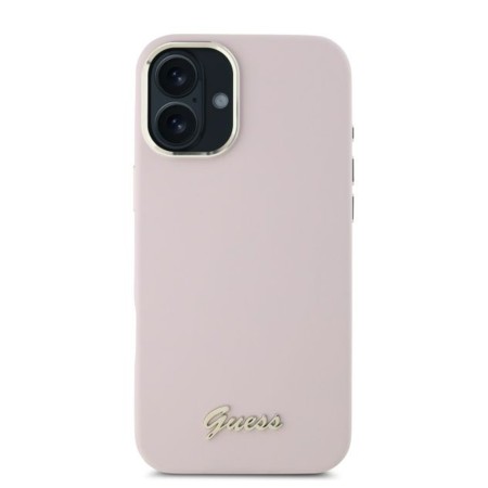 Husa pentru iPhone 16 Plus - Guess Silicone Script Metal Logo and Frame (GUHCP16MSMBSLP) - Pink