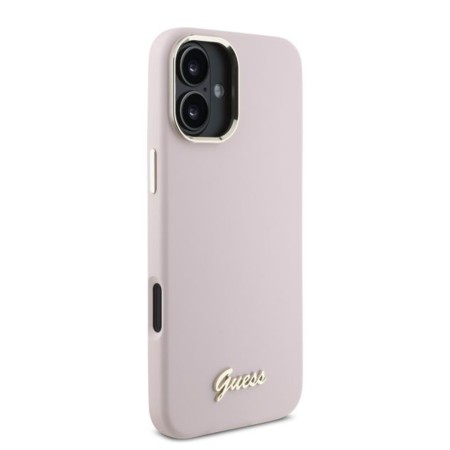 Husa pentru iPhone 16 Plus - Guess Silicone Script Metal Logo and Frame (GUHCP16MSMBSLP) - Pink