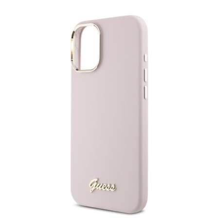 Husa pentru iPhone 16 Plus - Guess Silicone Script Metal Logo and Frame (GUHCP16MSMBSLP) - Pink