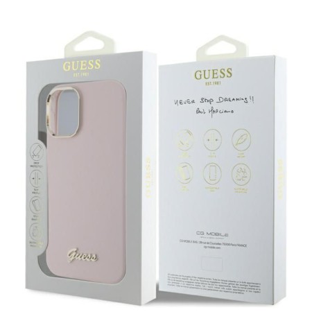 Husa pentru iPhone 16 Plus - Guess Silicone Script Metal Logo and Frame (GUHCP16MSMBSLP) - Pink