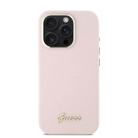 Husa pentru iPhone 16 Pro - Guess Silicone Script Metal Logo and Frame (GUHCP16LSMBSLP) - Pink