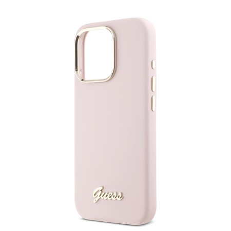 Husa pentru iPhone 16 Pro - Guess Silicone Script Metal Logo and Frame (GUHCP16LSMBSLP) - Pink