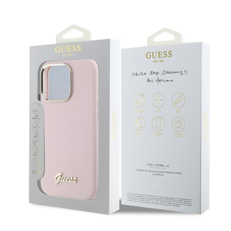 Husa pentru iPhone 16 Pro - Guess Silicone Script Metal Logo and Frame (GUHCP16LSMBSLP) - Pink