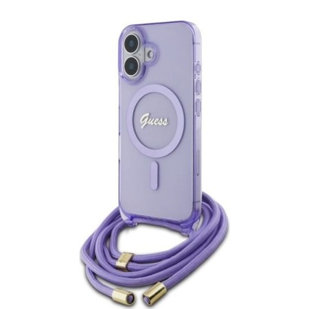 Husa pentru iPhone 16 - Guess IML Crossbody Cord Script MagSafe (GUHMP16SHCTSGNSU) - Purple