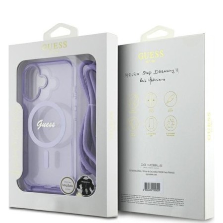 Husa pentru iPhone 16 - Guess IML Crossbody Cord Script MagSafe (GUHMP16SHCTSGNSU) - Purple