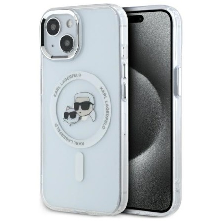 Husa pentru iPhone 14 - Karl Lagerfeld IML MagSafe (KLHMP14SHLSKCH) - White Metal KarlandChoupette Head