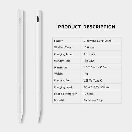 Stylus Pen pentru Tableta, Bluetooth, Type-C, 130mAh, 5V, 0.2A, Palm Rejection, Tilt Pressure Sense - Techsuit (AX10) - White