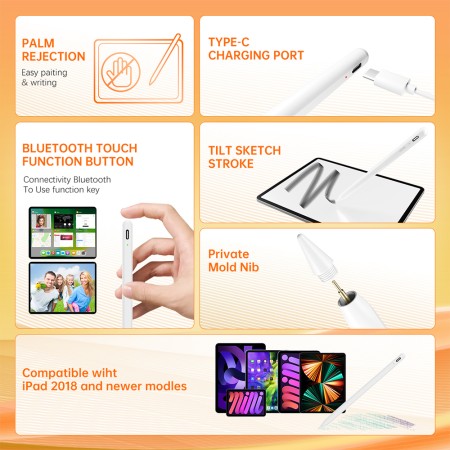 Stylus Pen pentru Tableta, Bluetooth, Type-C, 130mAh, 5V, 0.2A, Palm Rejection, Tilt Pressure Sense - Techsuit (AC10-CP) - White