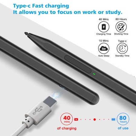 Stylus Pen pentru Tableta Microsoft Surface, Palm Rejection, Side Adsorption, 90mAh, 5V, 0.2A - Techsuit (F94S) - Black