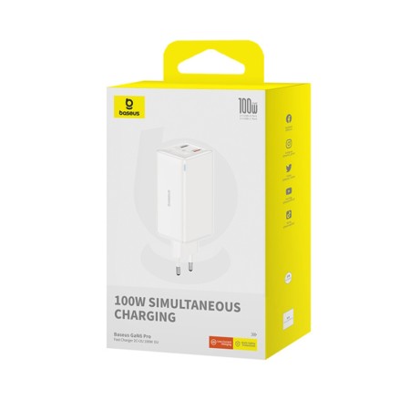 Incarcator 2x USB, 2x Type-C, 100W + Cablu Type-C, 100W, 20V, 5A, 1m - Baseus GaN6 Pro (P10162705212-00) - White