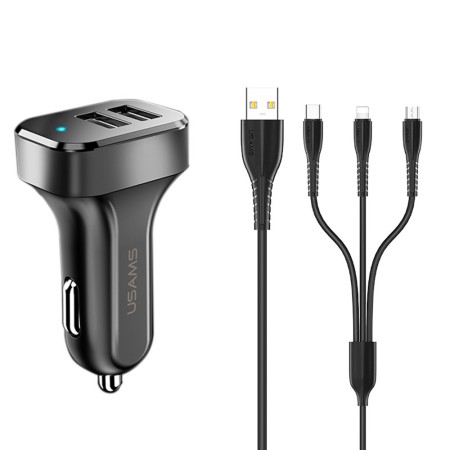 Incarcator Auto C13 + Cablu U35 Micro-USB, Lightning, Type-C 2A - Usams Kit King Tu Series - Black