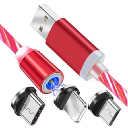 Cablu de Incarcare Magnetic USB la Type-C, Micro-USB, Lightning 1m - Techsuit LED Flowing - Red