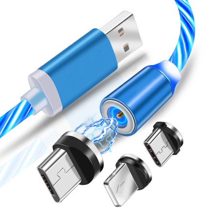 Cablu de Incarcare Magnetic USB la Type-C, Micro-USB, Lightning 1m - Techsuit LED Flowing - Blue