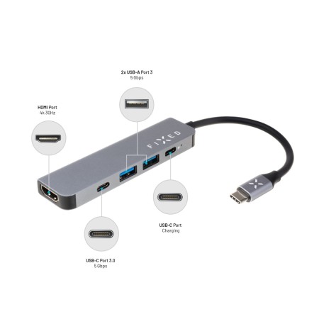 Hub 2 x USB, Type-C, HDMI, Full HD, 5 Gbit/s, 100W - Fixed (FIXHU-MN-GR) - Grey