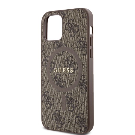 Husa pentru iPhone 12 / iPhone 12 Pro - Guess 4G Ring Classic Logo MagSafe (GUHMP12MG4GFRW) - Brown