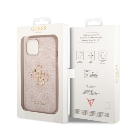 Husa pentru iPhone 15 - Guess Leather 4G Metal Logo (GUHCP15S4GMGPI) - Pink