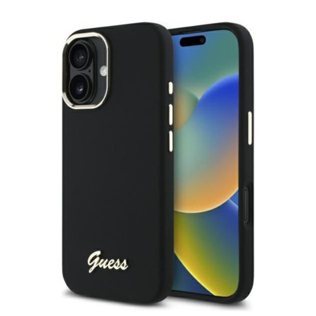 Husa pentru iPhone 16 Plus - Guess Silicone Script Metal Logo and Frame (GUHCP16MSMBSLK) - Black