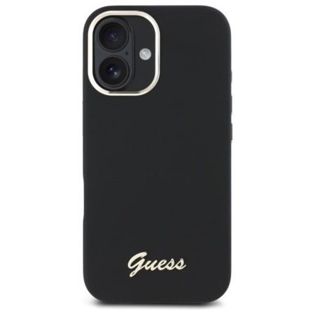 Husa pentru iPhone 16 Plus - Guess Silicone Script Metal Logo and Frame (GUHCP16MSMBSLK) - Black