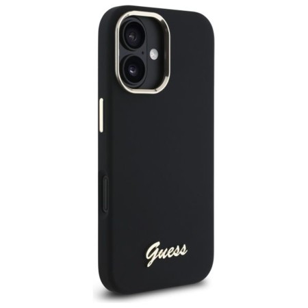 Husa pentru iPhone 16 Plus - Guess Silicone Script Metal Logo and Frame (GUHCP16MSMBSLK) - Black