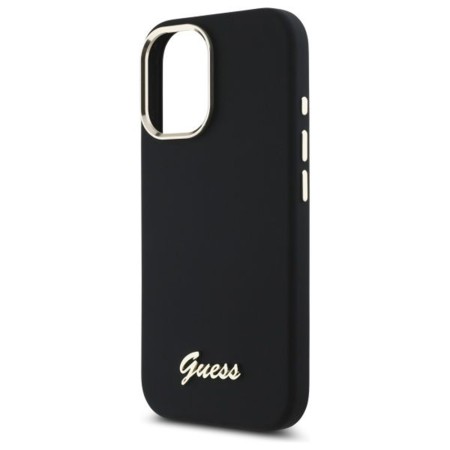 Husa pentru iPhone 16 Plus - Guess Silicone Script Metal Logo and Frame (GUHCP16MSMBSLK) - Black