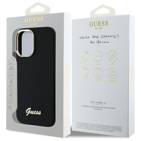 Husa pentru iPhone 16 Plus - Guess Silicone Script Metal Logo and Frame (GUHCP16MSMBSLK) - Black