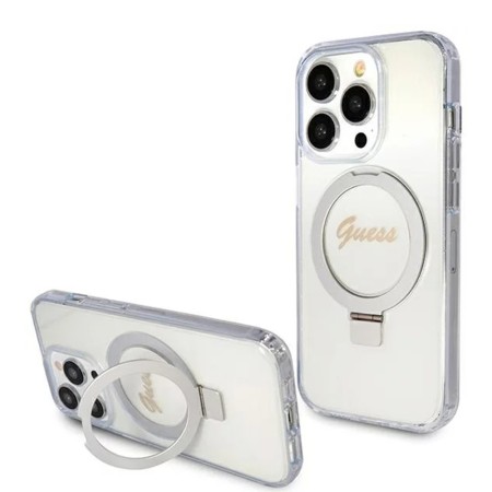 Husa pentru iPhone 15 Pro - Guess Ring Stand Script Glitter MagSafe (GUHMP15LHRSGSD) - Clear