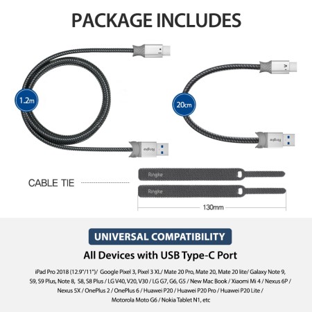 Cablu de Date USB la Type-C 20cm - Ringke - Gray