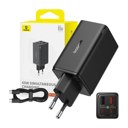 Incarcator pentru Priza 2x USB, 2x Type-C, 65W + Cablu Type-C la Type-C - Baseus (P10162701113-00) - Black