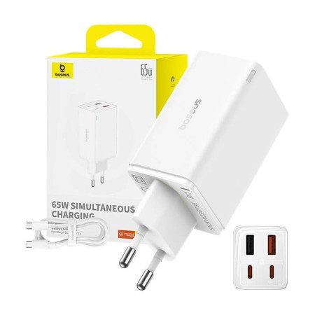 Incarcator pentru Priza 2x USB, 2x Type-C, 65W + Cablu Type-C la Type-C - Baseus (P10162701213-00) - White