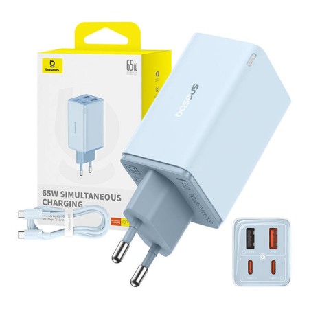 Incarcator pentru Priza 2x USB, 2x Type-C, 65W + Cablu Type-C la Type-C - Baseus (P10162701313-00) - Blue