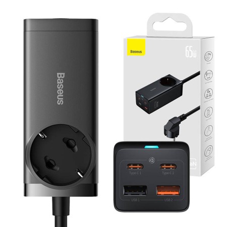 Prelungitor Priza, Incarcator 2xUSB + 2xUSB-C + AC, 65W - Baseus GaN3 Pro (PSZM000901) - Black