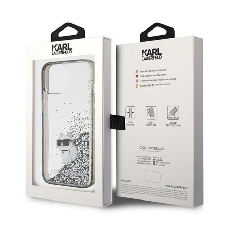 Husa pentru iPhone 15 - Karl Lagerfeld Hardcase Liquid Glitter - Transparent Choupette