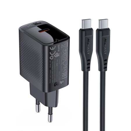 Incarcator pentru Priza, Type-C, PD20W, GaN, Fast Charging cu Cablu USB-C - Black