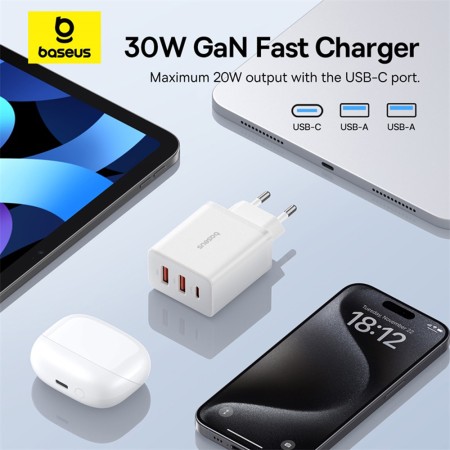 Incarcator GaN, 2x USB, Type-C, Fast Charging, 30W - Baseus (P10111402213-00) - White