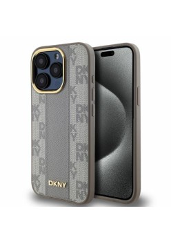 Husa iPhone 15 Pro - DKNY Leather Checkered Mono Pattern MagSafe (DKHMP15LPCPVSLE) - Beige