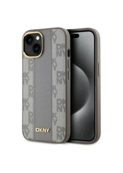 Husa iPhone 15 Plus - DKNY Leather Checkered Mono Pattern MagSafe (DKHMP15MPCPVSLE) - Beige