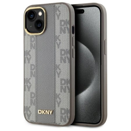 Husa iPhone 15 Plus - DKNY Leather Checkered Mono Pattern MagSafe (DKHMP15MPCPVSLE) - Beige